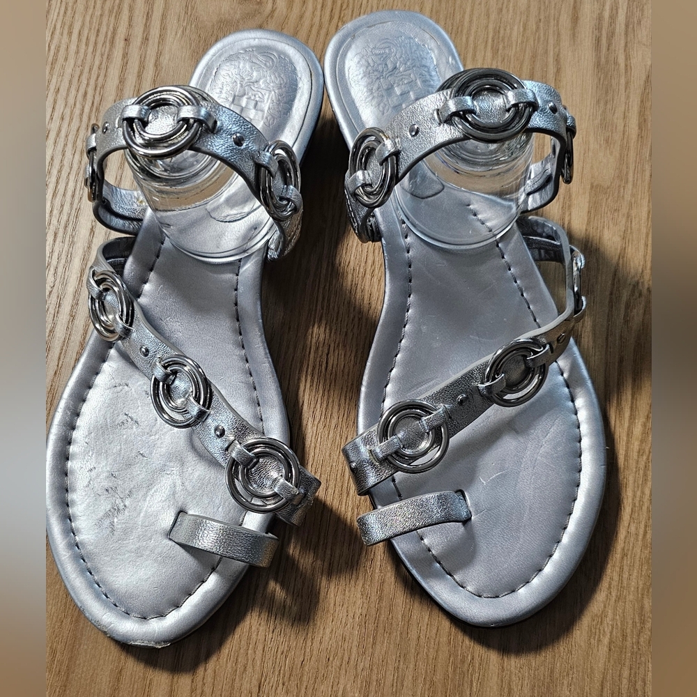 Vince Camuto Isley leather demi-wedge sandal in a silver metallic finish. 8.5